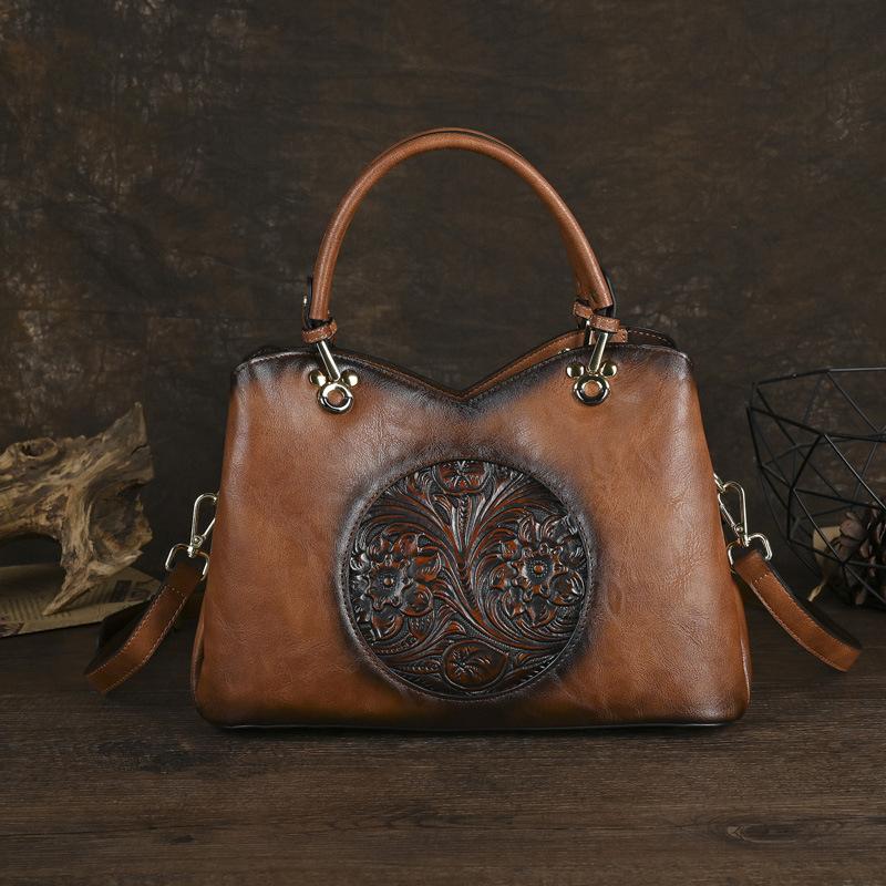 

Johnature Vintage Handmade Embossed Женская кожаная сумка Универсальные элегантные сумки большой вместимости через плечо и через плечо коричневый
