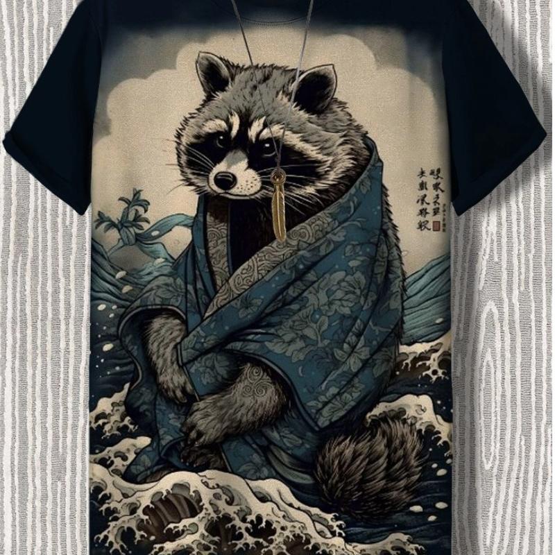 Maglietta da uomo in stile giapponese con grafica Samurai Cat, stampata in 3D, casual, a maniche corte, per esterni, abbigliamento da uomo oversize