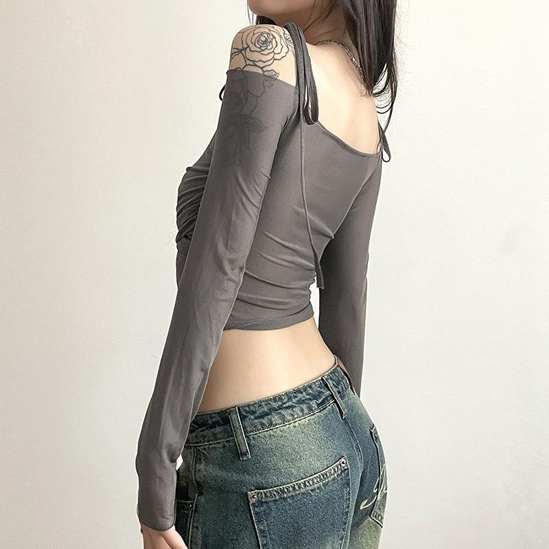 Solid Slash Neck Crop Tops Sexy Off Shoulder Straps Long Sleeve T-Shirts Slim Mesh Tees Y2K Streetwear Women