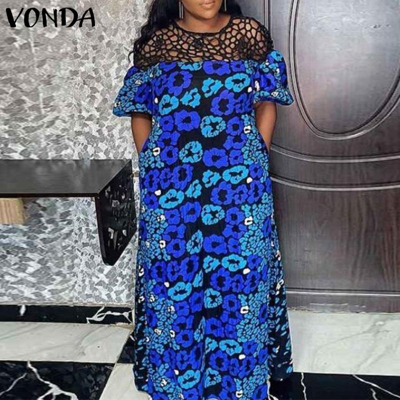 

VONDA Летние женские принты H-образные вечерние длинные платья с короткими рукавами-фонариками повседневное свободное платье макси размера плюс
