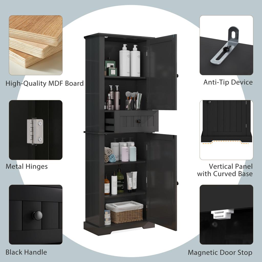 Badezimmerschrank 56 x 28 x 167,3 cm, feuchtigkeitsbeständig lackiert, Ober- und Unterschrank + mittleres Fach, verstellbare Einlegeböden, schwarze Griffe.