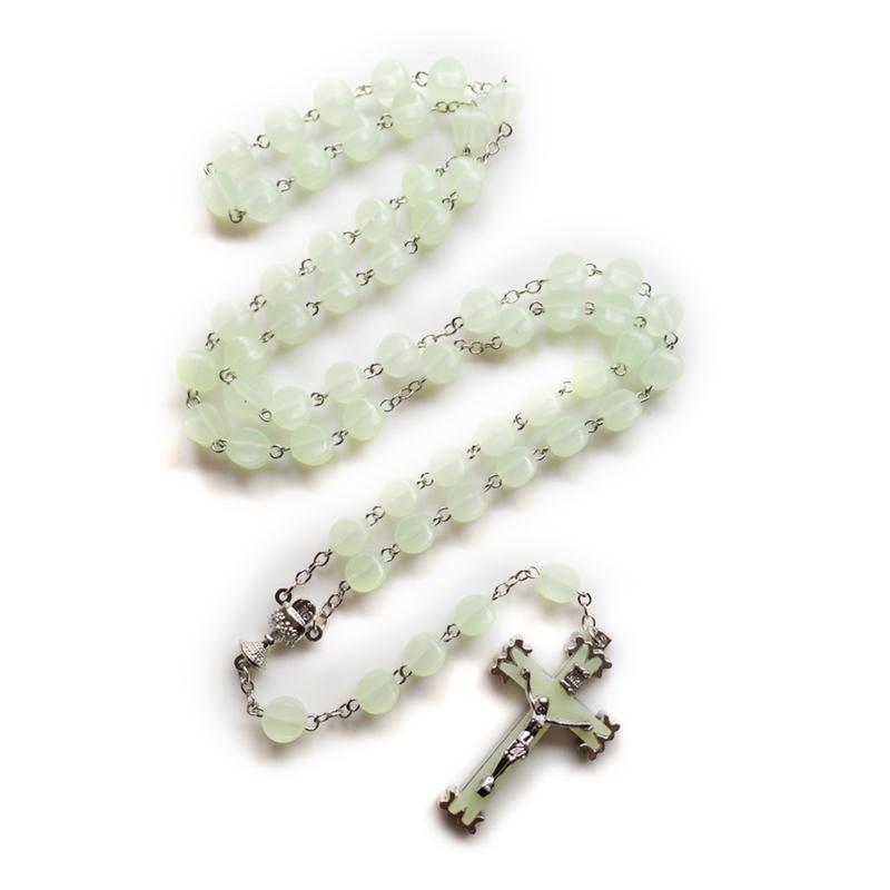10mm Acrylic Bead Rosary Necklace Vintage Weave Catholic Religious Cross Jesus Pendant Necklaces for Men Women Jewelry Charm