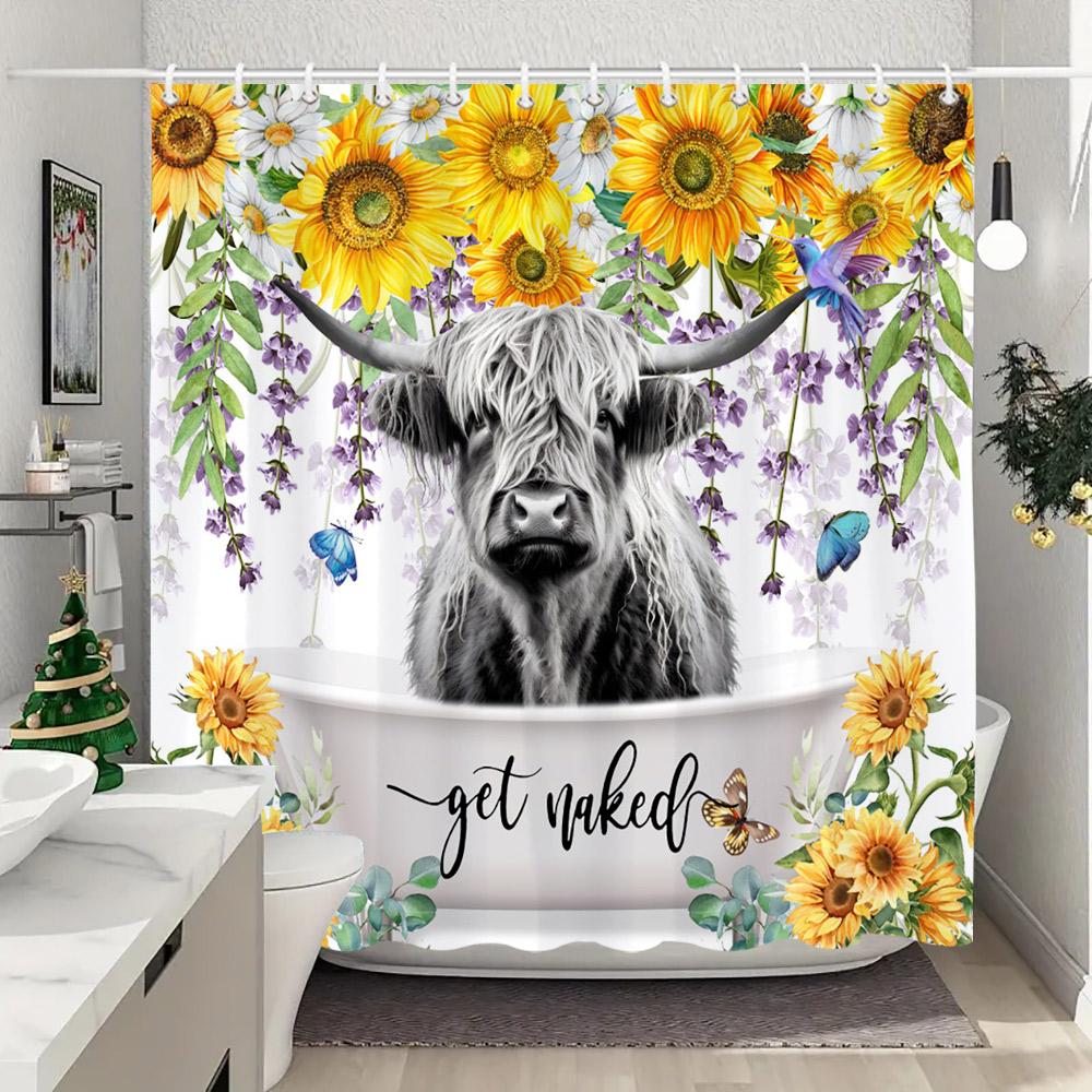 Funny Highland Cow In Bathtub Shower Curtain Green Plants Eucalyptus Leaves Sunflower Lavender Shower Curtains Bathroom Decor