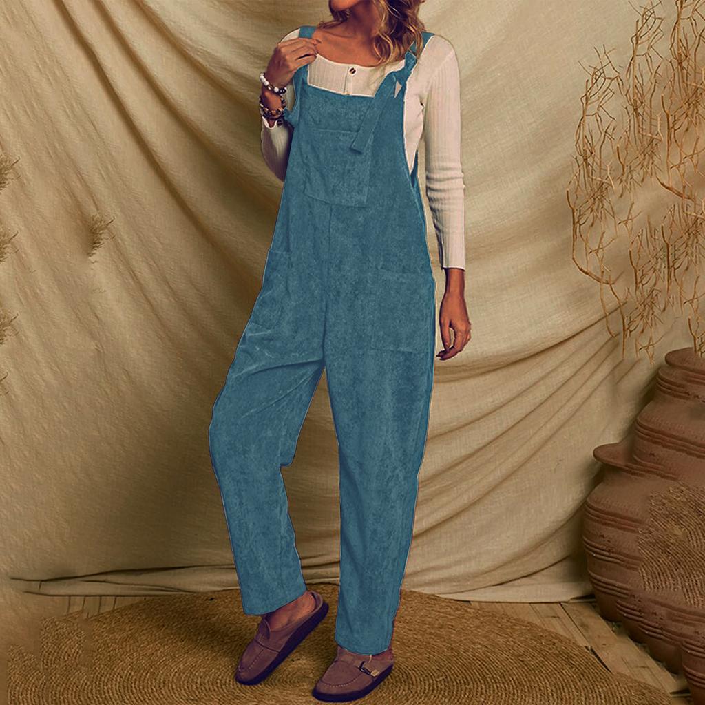 Solid Corduroy Overall Jumpsuit, Casual Patched Pockets Overall Jumpsuit For Spring & Fall, Women's Clothing
