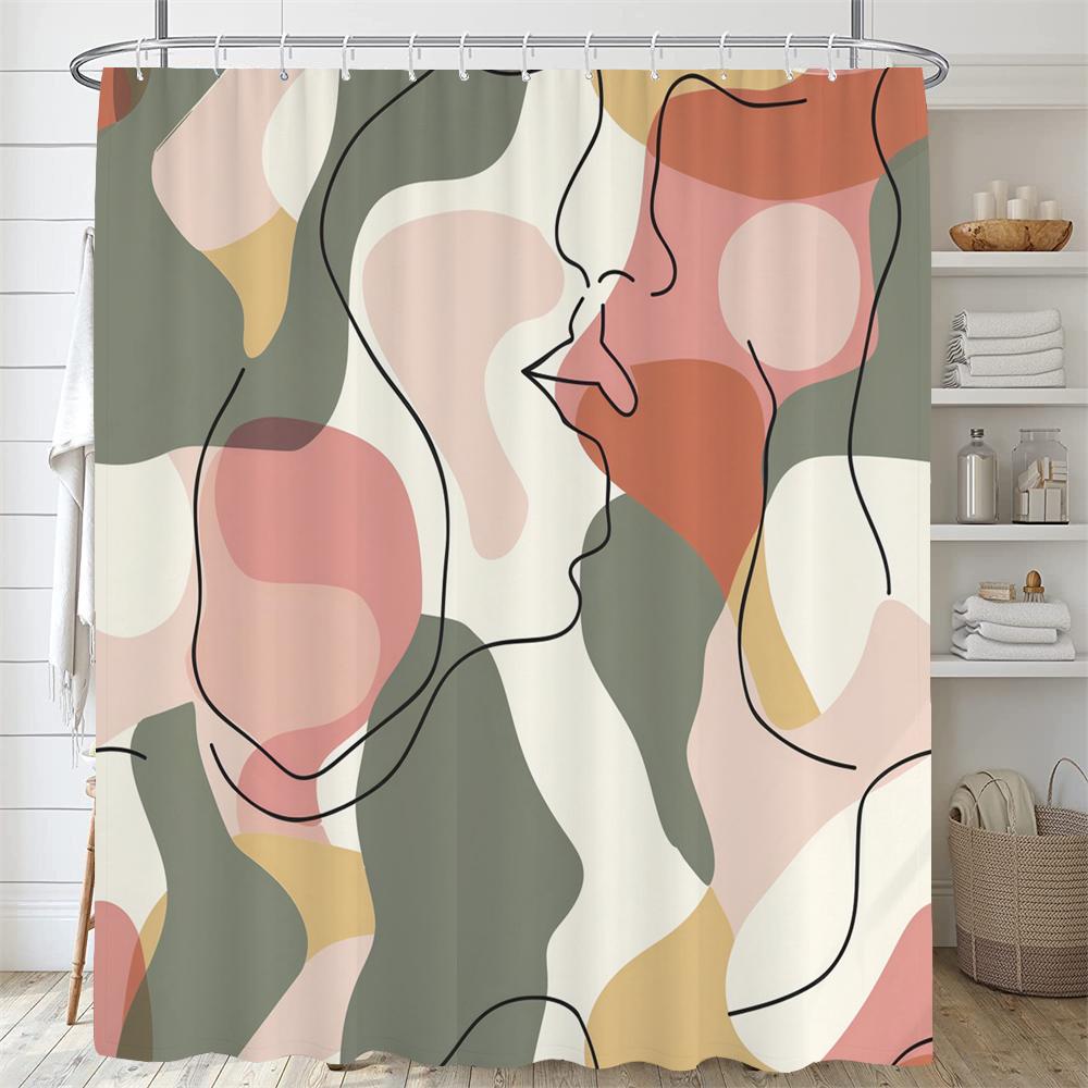 Modern Abstract Print Shower Curtain Bathroom Fabric Polyester Waterproof Minimalist Line Shower Curtains Bath Decor with Hooks