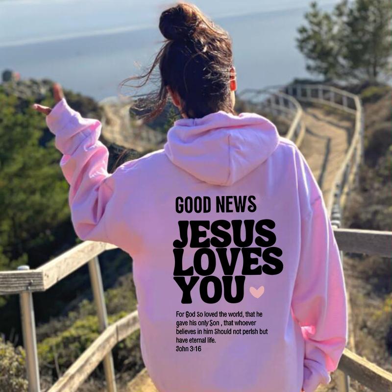 

Толстовка с капюшоном Good News Jesus Loves You Христианская толстовка с капюшоном Jesus Trendy Hoodie Рубашка с библейским стихом Унисекс Эстетическая одежда S розовый
