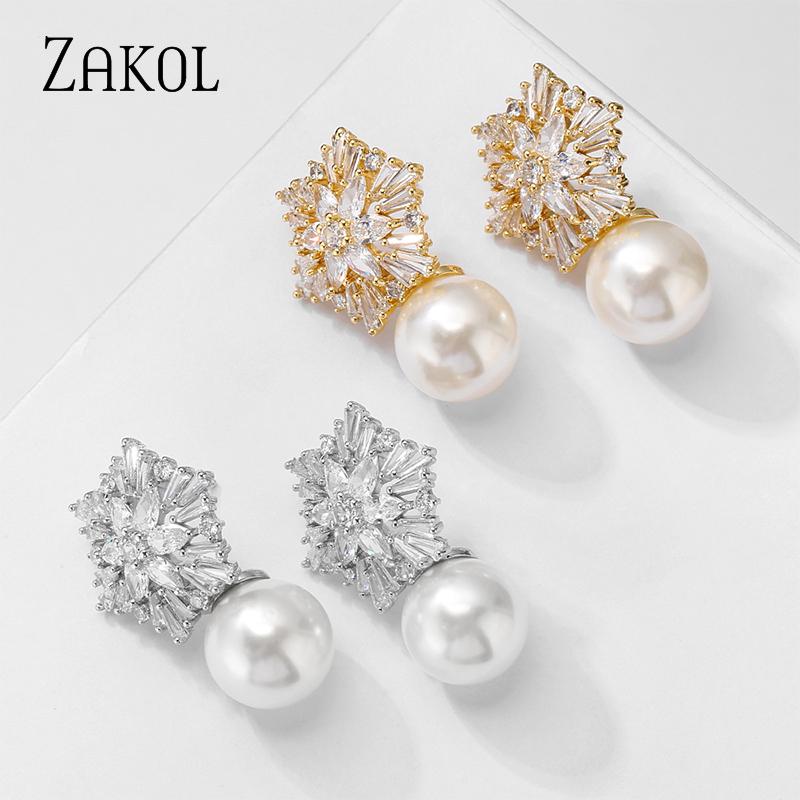 ZAKOL Newest Snowflake Flowers AAA Cubic Zirconia Pearl Drop Earrings for Women Fashion Jewelry Birthday Gifts EP2917