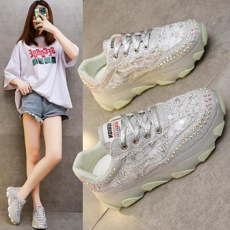 Women's Casual Shoes Lace-up Rhinestones Mesh Upper Women's Sports Shoes Leisure Platform Sole Breathable Zapatillas De Mujer
