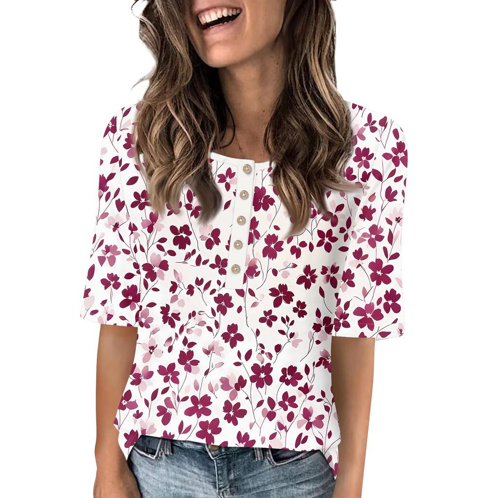 Shirts For Women Trendy Round Neck Button T Shirts Printed  Blouse Half Sleeve Tops For Women