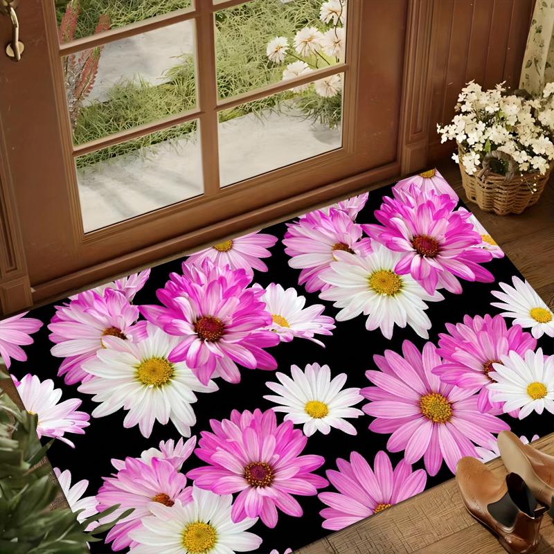 Fresh Floral Daisy Print Rug Spring Floral Pink White Daisy Non Slip Washable Carpet Doormat for Entryway Living Room Garden