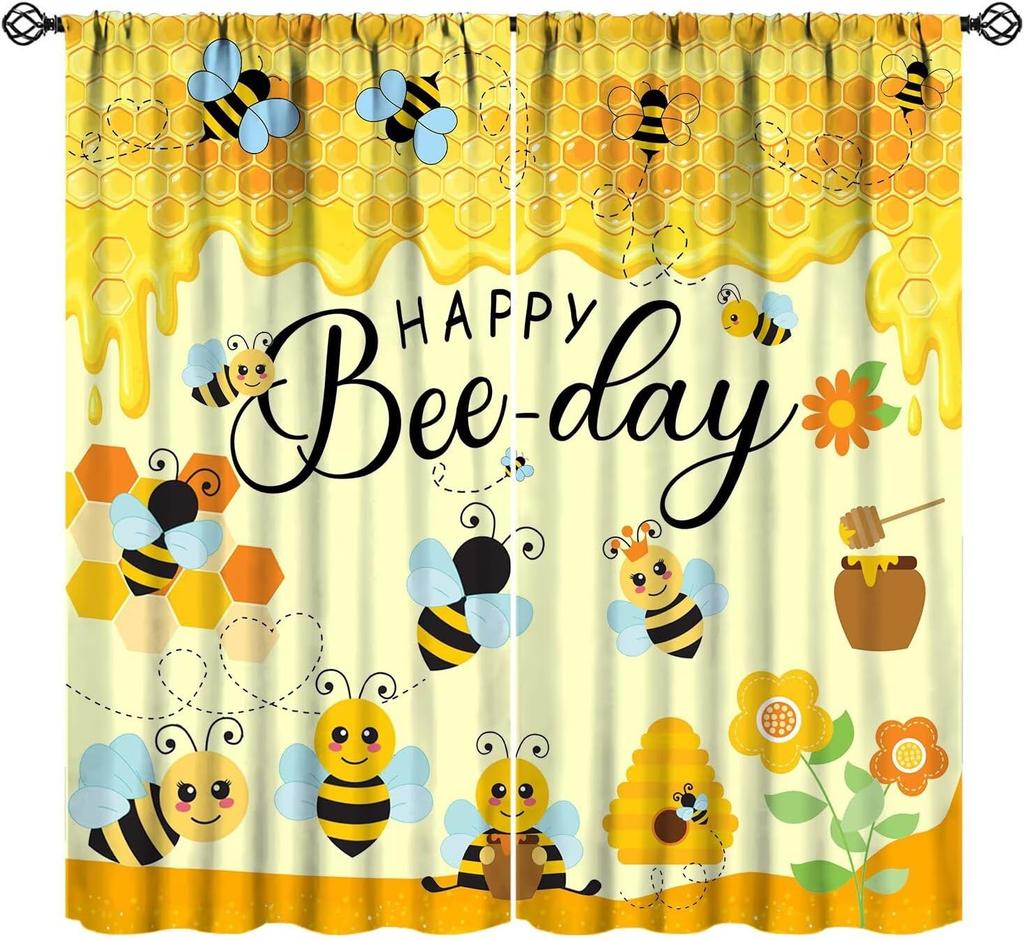 Bee Curtains Boy Girl Bedroom Spring Yellow Honeybee Inspirational Art Printed Window Drapes Living Room Curtain Light Blocking Polyester Ideal For