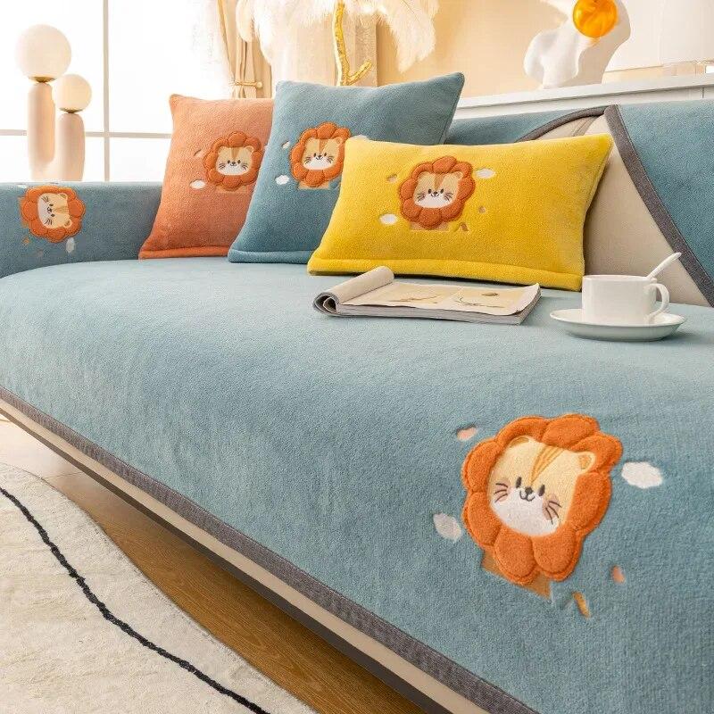 Cartoon Lions Plush Sofa Cover Winter Thickening Super Soft Warm Cushions Non-Slip Living Room Leather Sofa Backrest Armrests