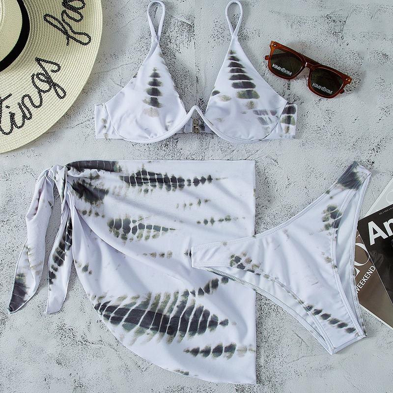 Baddräkt Kvinnors delade tredelade Print Halter Neck Dragsko Bikini Set