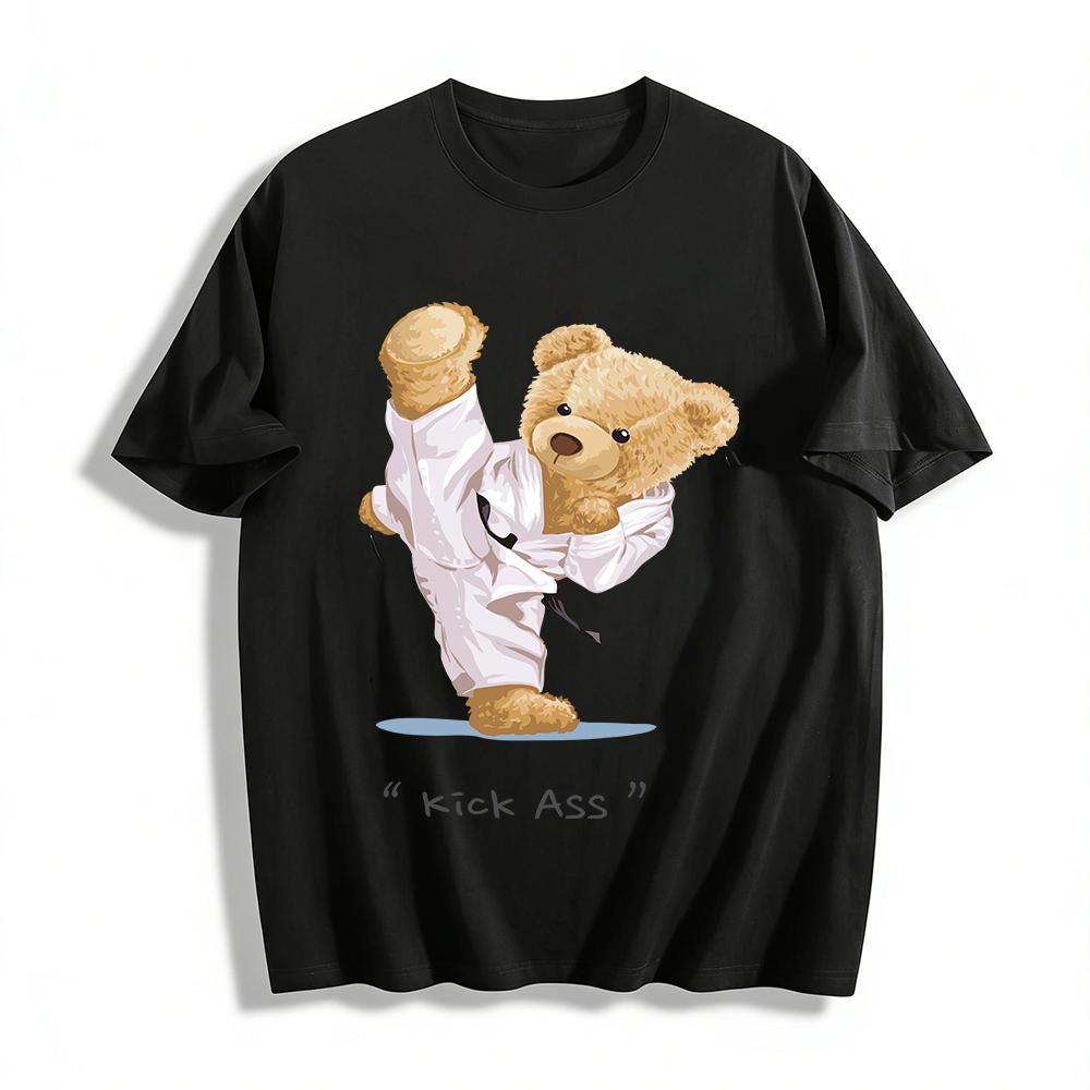 

Funny Karate Bear Print Casual Novelty Top Pure cotton T-shirt XXS