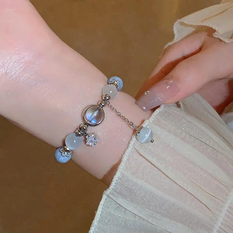 Pulseira de pedra opala azul roxa para mulheres e meninas, pulseiras de cristal brilhantes, pingente de lua e estrela, pulseiras, joias