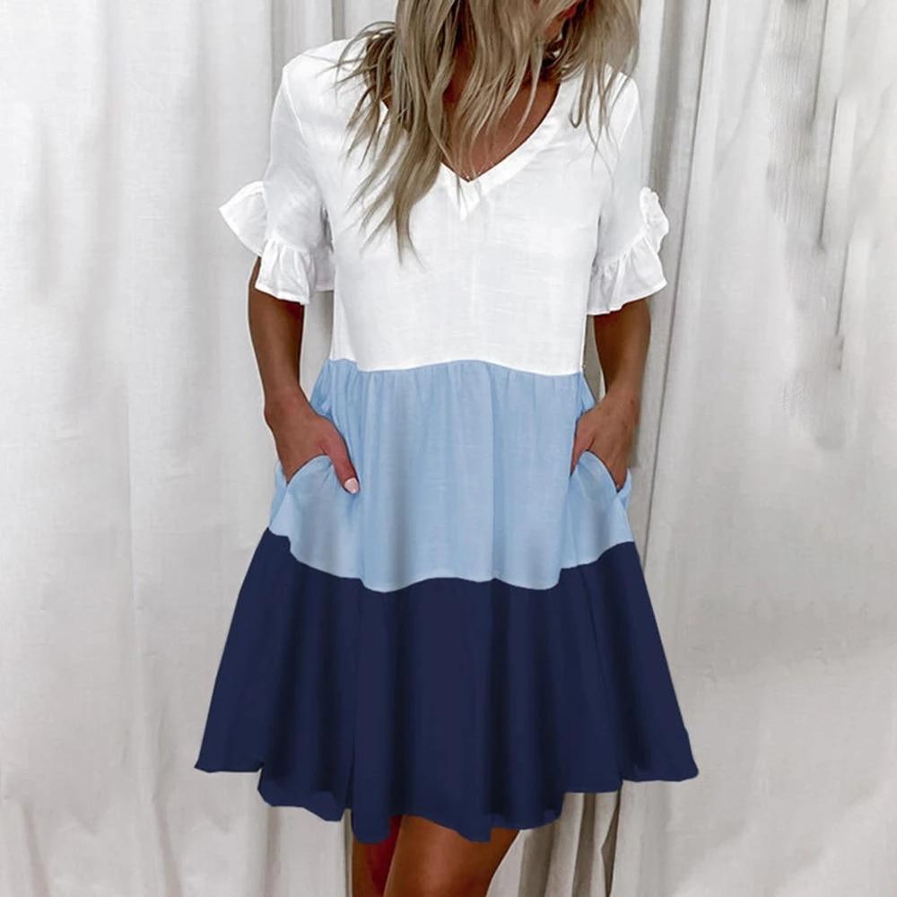 Women Ruffles Mini Dress Summer Fashion Elegant V-Neck Floral Print Patchwork Dresses Loose Pocket Casual Beach Party Vestidos