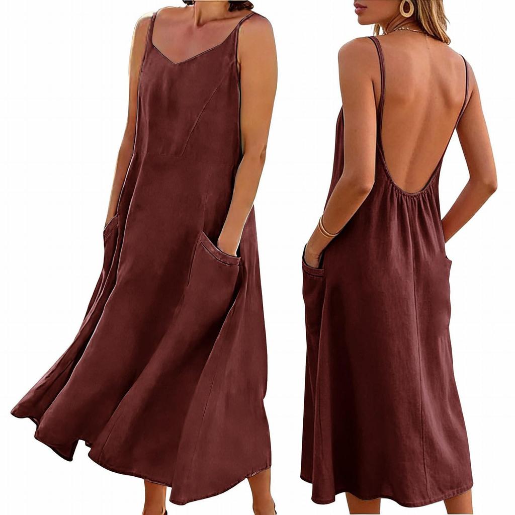 Women's Fashionable Casual -Color -Neck Backless Dress With Pockets