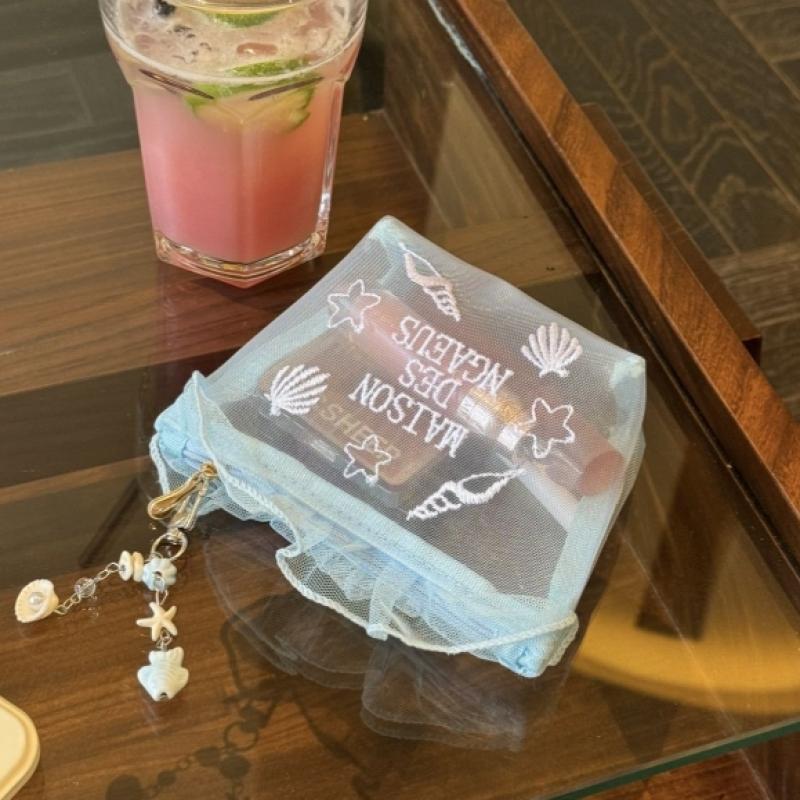 

Blue Net Gauze Shell Embroidered Makeup Bag, Portable Touch-Up Bag For Women, Menstrual Tissue, Lipstick Storage Bag