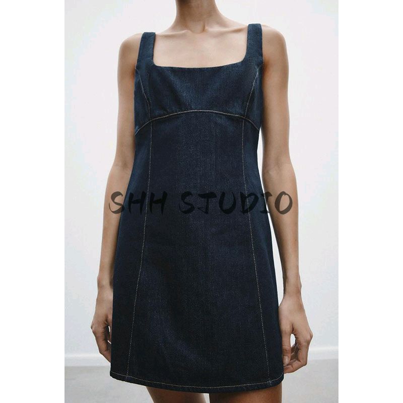 Spring New Women Clothes Comfortable and Versatile Sleeveless Square Collar Wide Shoulder Strap Short Demin Dress 6929085