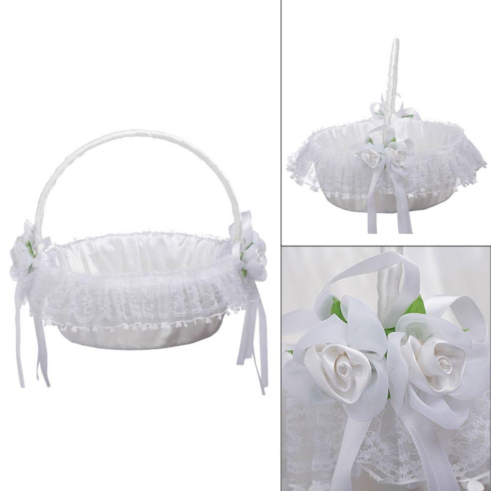 Ribbon Bow Flower Girls Basket Rose Flower Satin Bow Hanbag Sweet Wedding Party Decorations Party