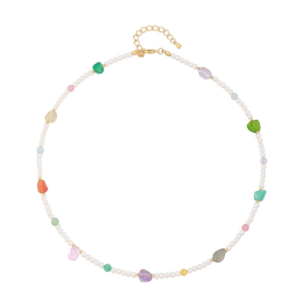 GEMCHIC Women s Original Design Colorful Glass Bead Natural Stone Beaded Necklace Sweet Girl Fashion Versatile Collarbone Chain золотой