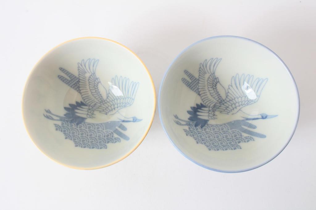 Mino Ware Pair of Rice Set of Made in Crane Blue MIG013 Bowls, 2, Medium-Sized, Japan, Design, & Orange,