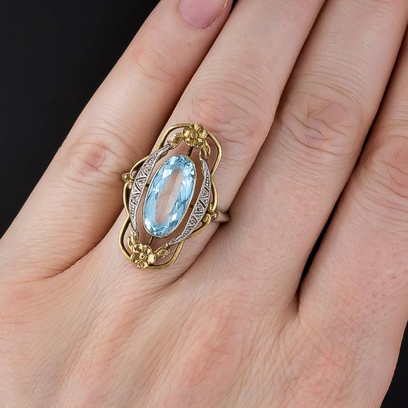 Vintage zweifarbige Blumen-Design-Fingerringe für Frauen, eingelegter himmelblauer Stein, ästhetischer Schmuck, Party-Ring, Überraschungsgeschenk