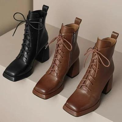 Damen High Heels Stiefeletten Klobige Plateau Chelsea Boots Herbst 2024 Schnürung Quadratische Spitze Lässig Marke Zapatos