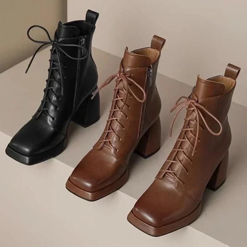 Women High Heels Ankle Shoes Chunky Platform Chelsea Boots Autumn 2024 Lace Up Square Toe Casual Brand Zapatos