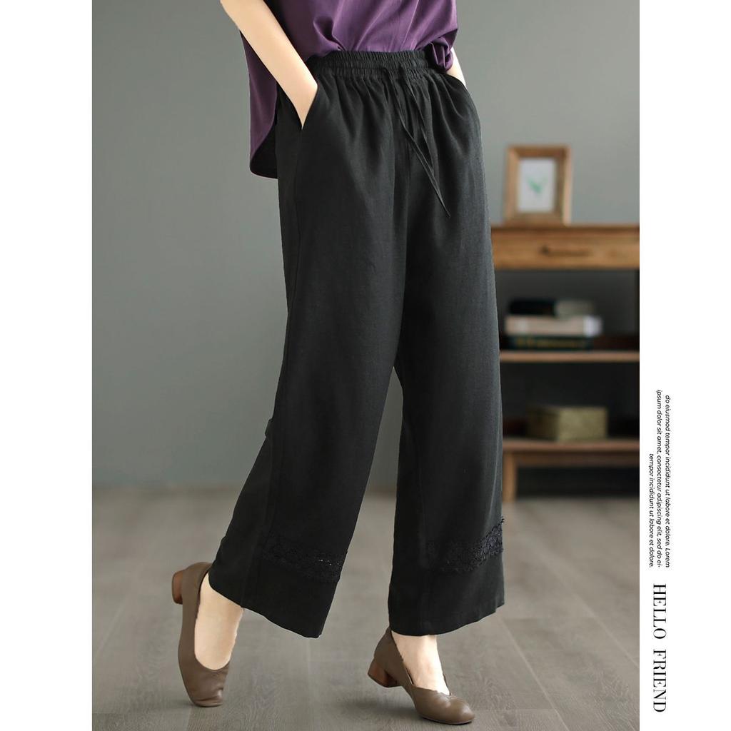 2025 Eleganckie Krótkie Bawełniane Spodnie Proste Damskie Retro Duży Rozmiar Luźne Spodnie z Panelami z Koronki Wiosna Lato Casual Szerokie Nogawki