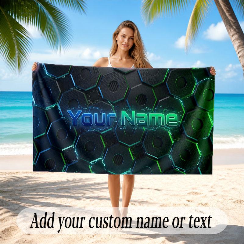 Abstract Geometric Theme Soft Beach Towel Personalized Custom Name Text Towel Portable for Beach Pool Travel