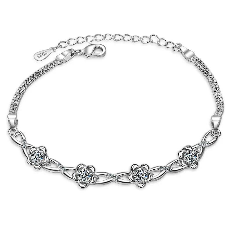 New 925 Sterling Silver Stackable Flower CZ Crystal Design Bracelet Bangle for Women Wedding Birthday Jewelry Pulseira Feminina