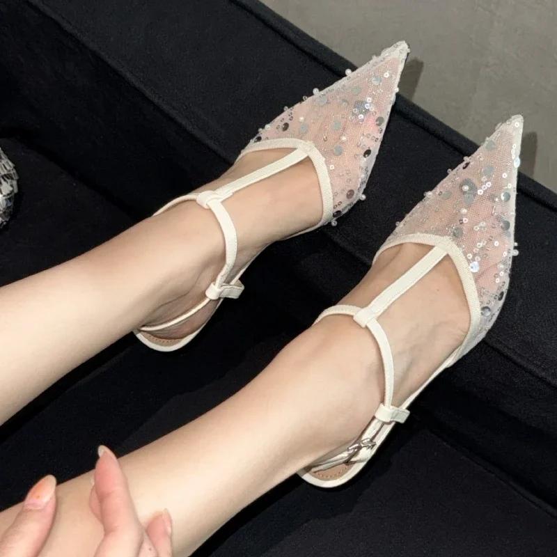 Fashion Sexy Pointy Toe Mesh Heeled Sandals Women Luxury Bling Decorated High Heels Elegant T-Strap Ankle Strap Buckle Party Dress Shoe