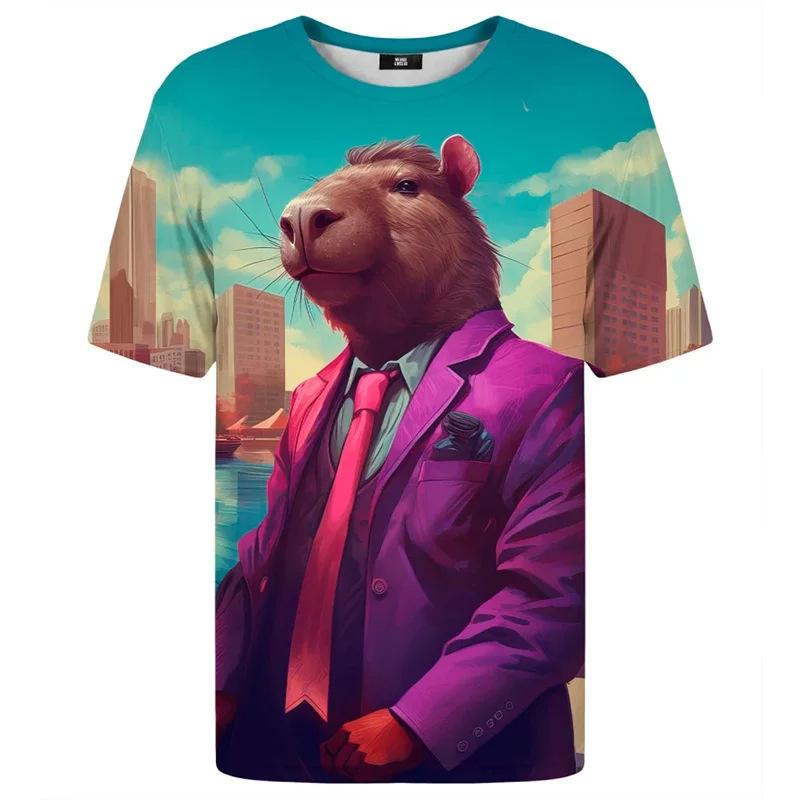 Cute Interesting Capybara Animal Graphic T-shirt Men 3D Printed Short Sleeved Round Neck T-shirt