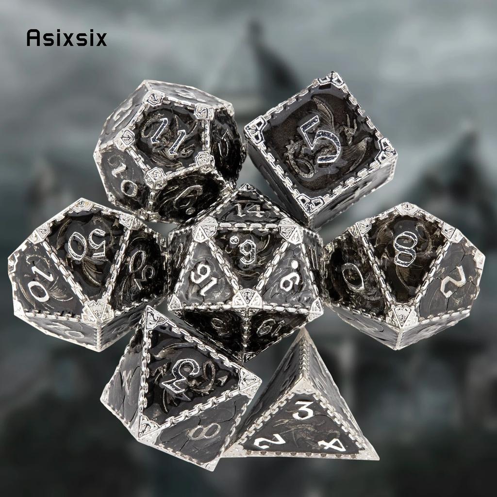 7 Pcs Black White Dragon Metal Dice Solid Metal Polyhedral Dice Set Suitable for Role-Playing RPG  Board Game Card Game