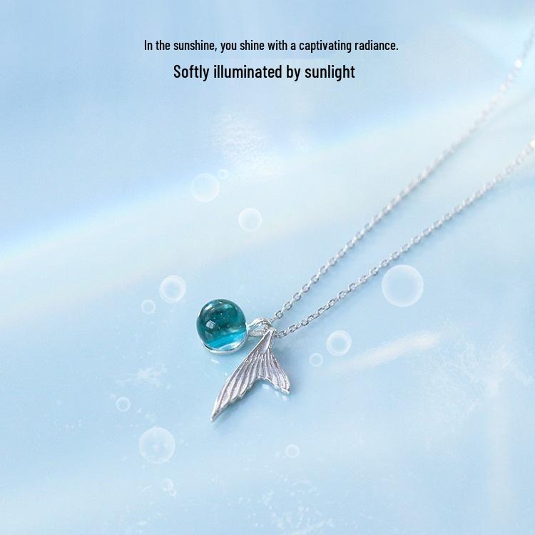 Sterling Silver Mermaid Tail Blue Bubble Necklace - Fresh Forest Style Clavicle Chain Pendant