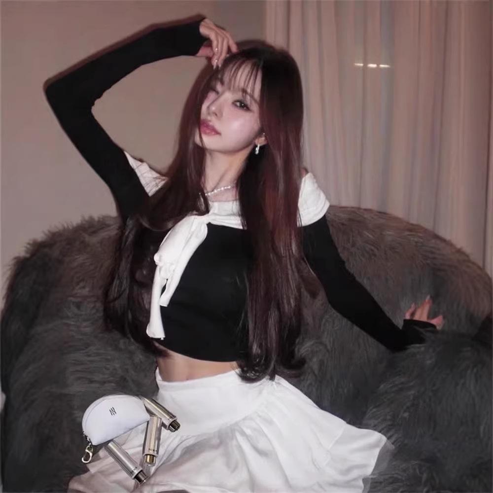 Ji-a Style Bow Off-Shoulder Slim Fit Women s Top - Spring/Autumn One Size чёрный