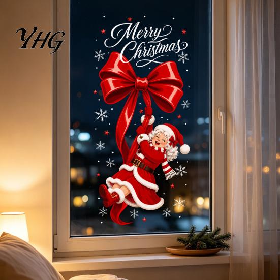 Christmas Theme Glass Film Static Sticker, Bow Pattern Print, Removable Non Adhesive Window Electrostatic PVC for Home And Store Doors Reusable Decals