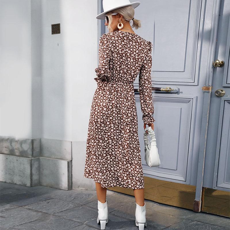 Temperament og eleganse Ytre klær Høst og vinter Kvinners Blomster Slim Åpen Lang Kjole Kvinner