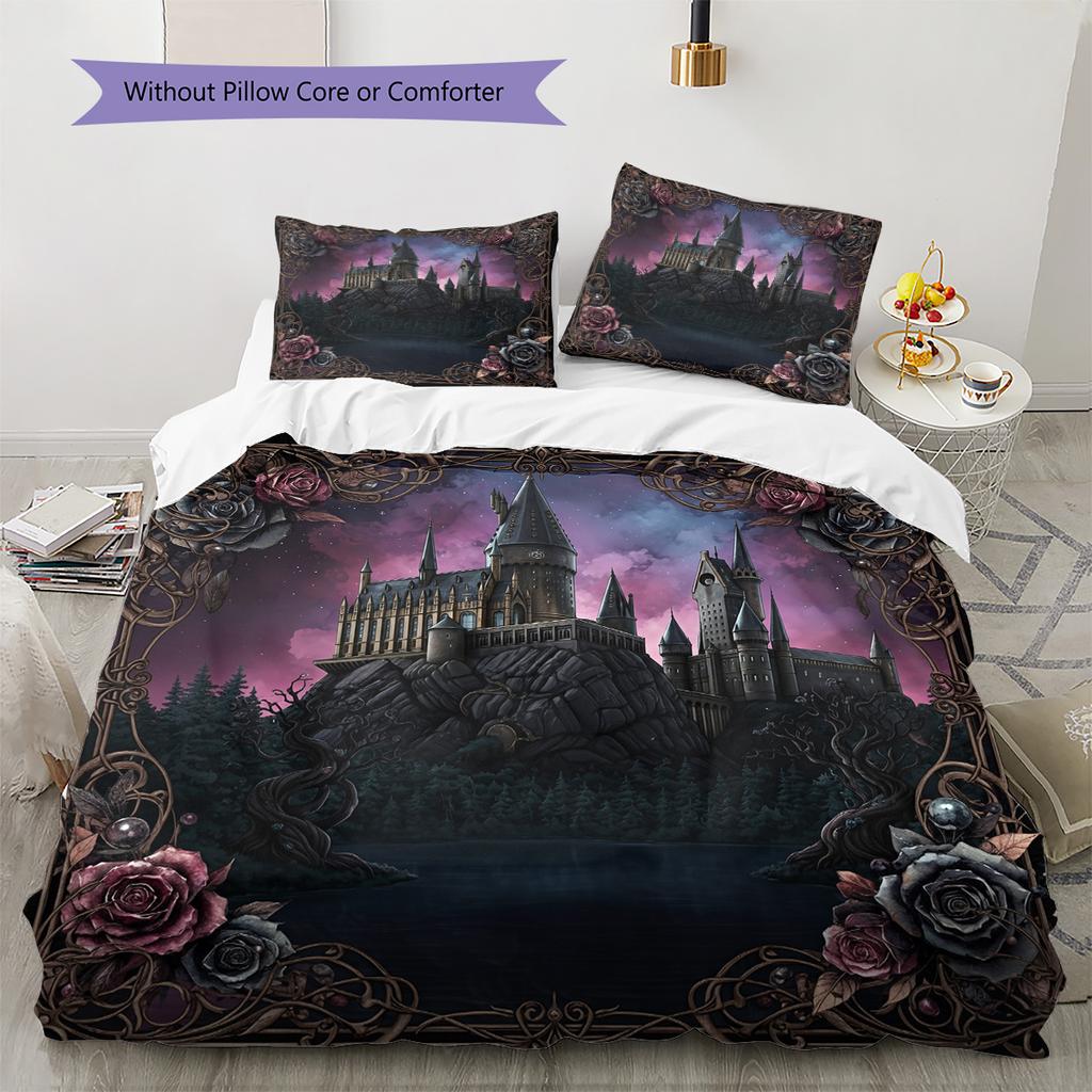 Oil Painting Style Castle Pattern Bedding Quilt Set Home Decoration Gift (1 * duvet cover + 2 * pillowcase without core)