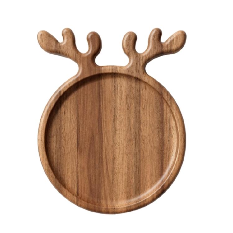 Christmas Wood Serving Platter Deer Antler Round Food Dish Wooden Display Plate S