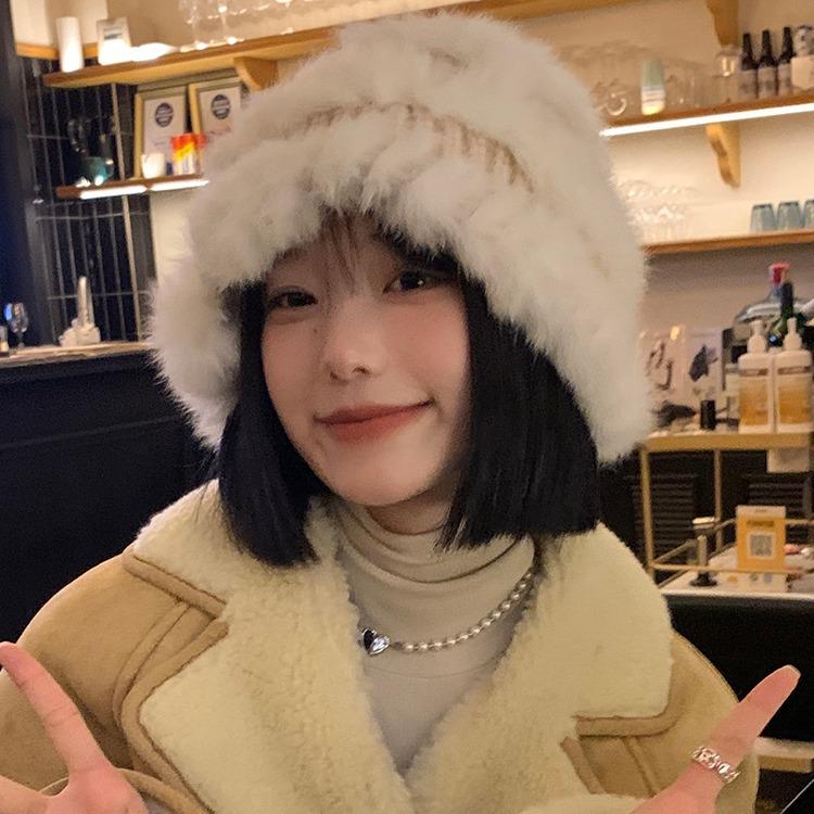 Rabbit fur hat women's autumn and winter thickened knitted hat cute face bucket hat warm wool hat plush lion hat