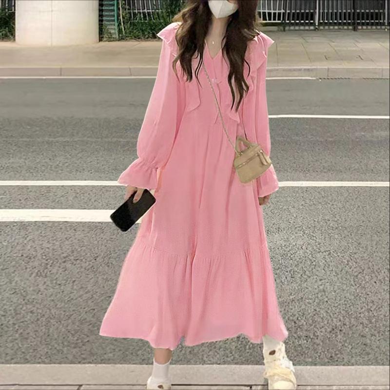 ZANZEA Women Casual V-Neck Solid Color Loose Long Sleeve Dress