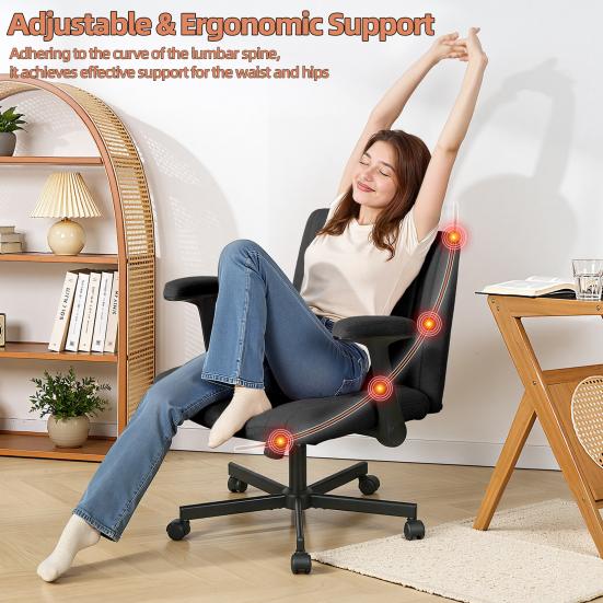 Cross-Legged Office Chair with Wheels & Adjustable Flip-up Arm, Desk Chair with Backrest, Thick Cushion, Wide Seat, Computer Chair for Home, Office,