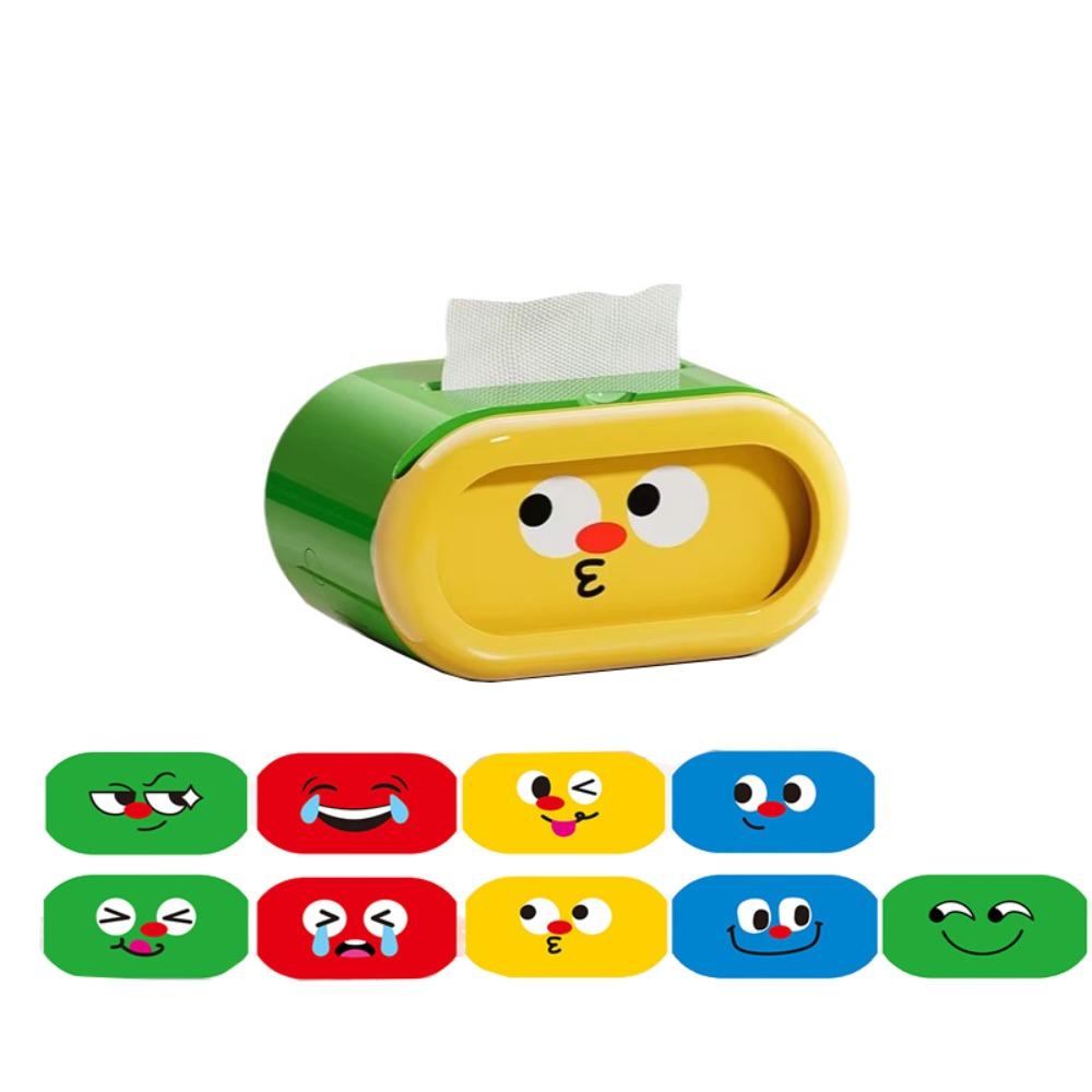 

Large-Capacity Cartoon Tissue Box Pull-Out Design Interchangeable Expression Facial Tissue Holder Built-in Spring Funny зелёный
