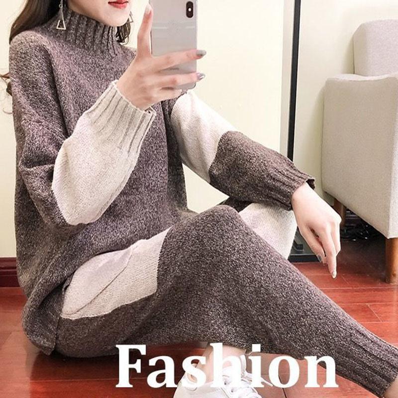 2ks/set Dvoudílná sada Pulovrový svetr Teplákové soupravy Dámské Svetr s nepravidelným lemem + úpletové kalhoty s vysokým pasem Dvoudílná sada Dámské zimní oblečení