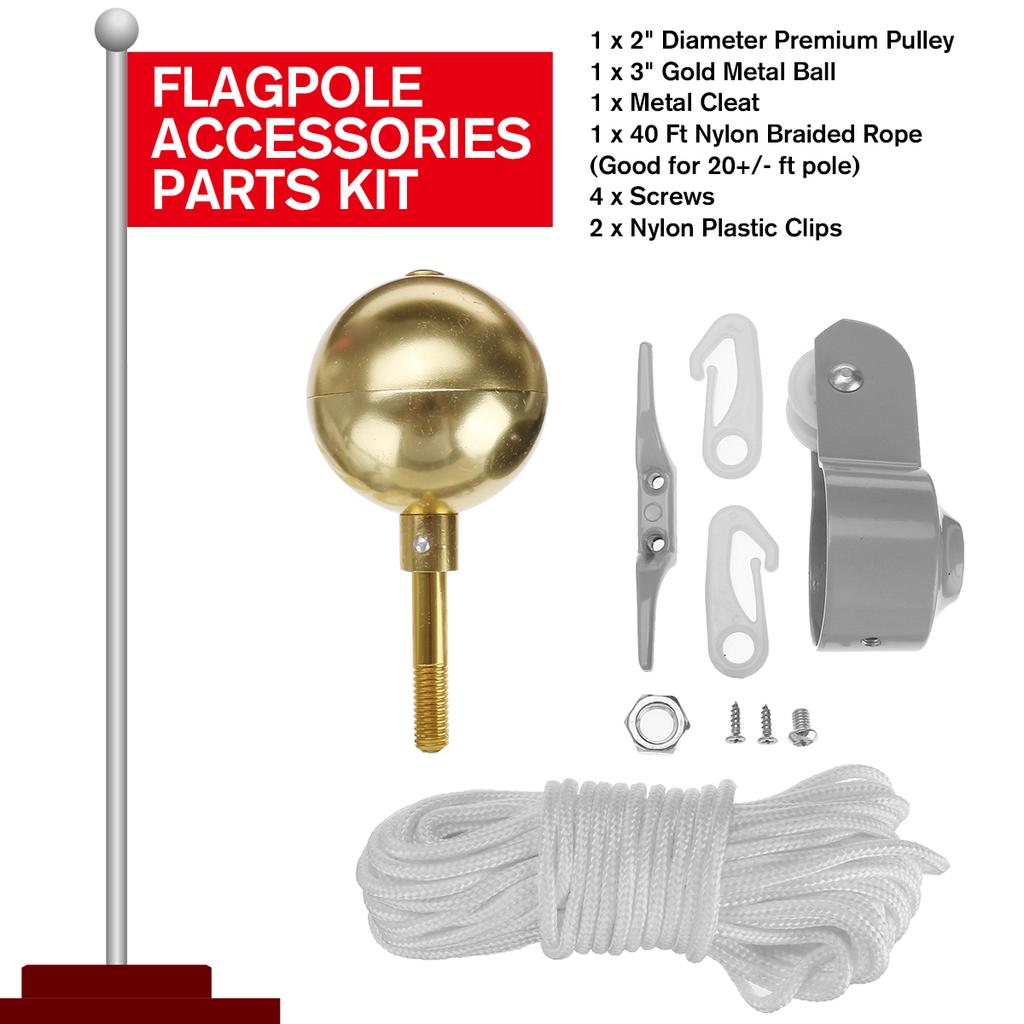 9 Pcs Flag Pole Parts Repair Kit 2 Truck Pulley Gold Ball Cleat Clips Rope FLAG