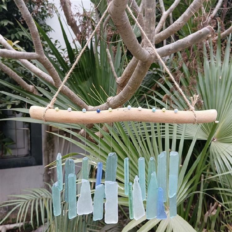 Campanelli a Vento in Vetro di Mare e Legno Galleggiante Campanelli a Vento Artigianali per Esterno Decorazioni a Tema Oceano/Spiaggia Regalo per Inaugurazione Casa