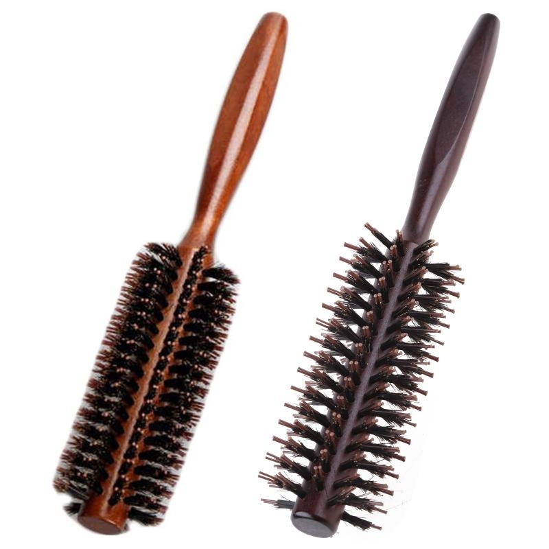 Boar Bristle Round Styling Hair Brush Comb Blow Dryer Curling Roll Massage Hairbrush with Wooden Handle for Women Men