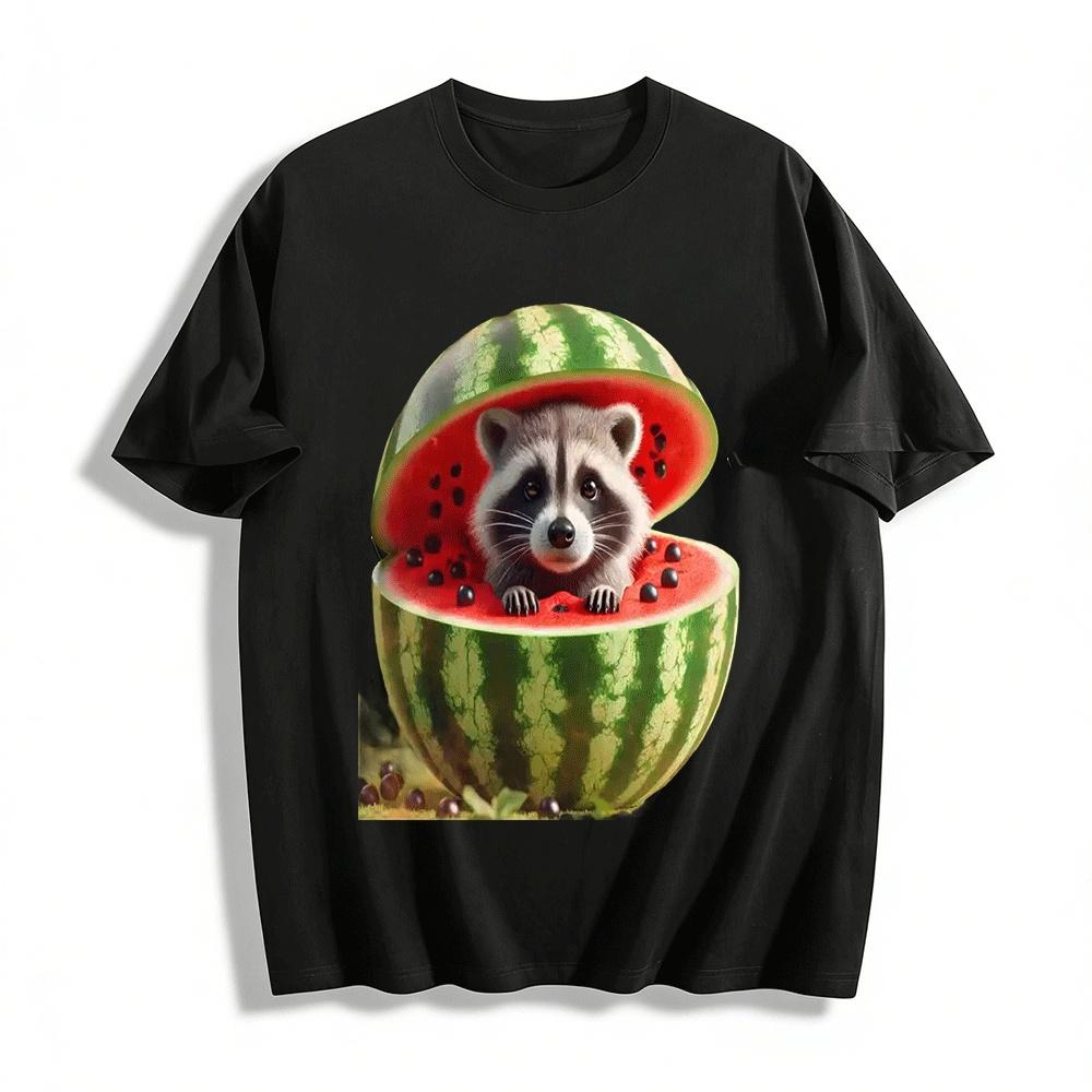 

Cute Raccoon In Watermelon Nest Graphic Casual T-Shirt Pure cotton T-shirt XXS